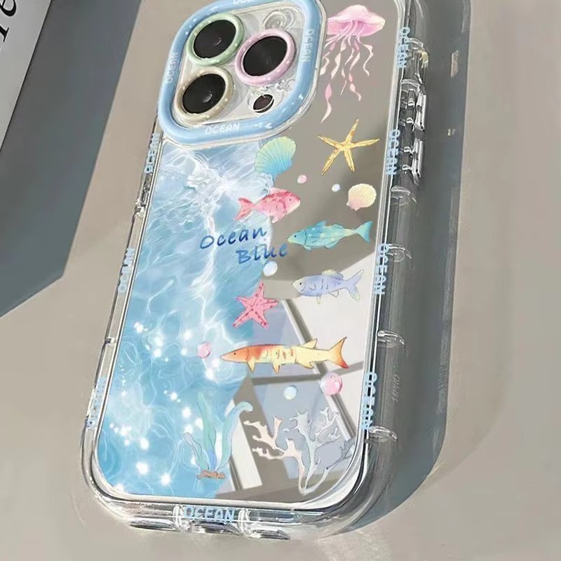 INS Thời Trang Xanh Đại Dương Gương Thiết Kế Ốp Lưng Điện Thoại iPhone 17 16 15 14 13 12 11 Pro Max 7 8 Plus XR X XS Max 16E Mềm Chống Sốc