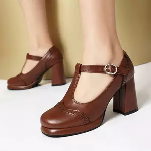 VNTMLH34-43 Kích Thước Lớn Retro Khắc Rỗng Mũi Tròn Dày Gót Giày T-Buckle Dây Đeo Sau Dây Thời Trang Phù Hợp Với Mary Jane Giày
