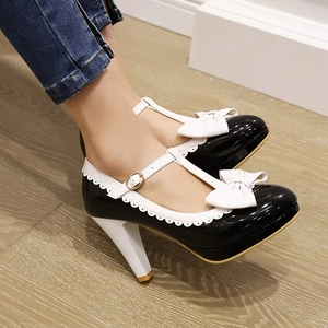 VNMZGG34-39 Kích Thước Lớn Dày Cao Gót Chống Thấm Nước Nền Nơ Ren Hình Chữ T Khóa Dây Đeo Giày COS Công Chúa Ngọt Ngào