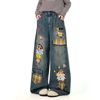 Mới! Quần Jean Ống Rộng Nữ Thêu Hình Crayon Shin-chan và Kẻ Sọc