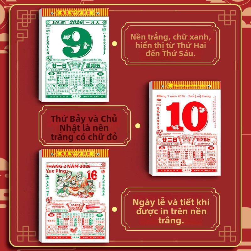 Lịch 2026 Lịch Vàng Cũ Lịch Treo Tường Năm Mới Lịch Ngựa Thương Hiệu Hộ Gia Đình Tay-Tear Lịch Vạn Niên Phiên Bản Hồng Kông