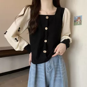 Áo nữ phong cách Pháp cổ vuông dài tay, phù hợp xuân thu với cà vạt nơ