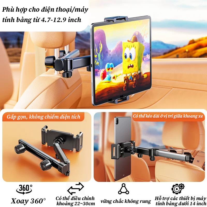Giá đỡ điện Thoại Máy Tính Bảng 4.7-12.9 Inch Cho ô Tô, Xoay 360 độ, Gắn Sau Ghế, Chất Liệu Hợp Kim Nhôm