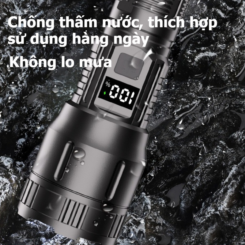 Đèn Pin Siêu Sáng 500m Zoom Xa, Pin 3000mAh, Sạc Type-C, Chống Nước IP65, Dùng Cắm Trại Đi Bộ Câu Cá