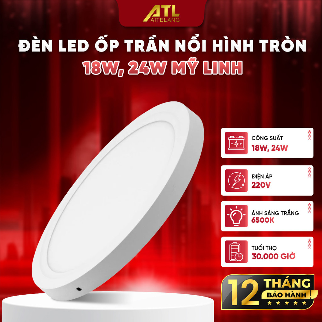 Đèn LED ốp trần Mỹ Linh tròn gắn nổi 18W, 24W. Đèn led ánh sáng trắng 6500K, phòng khách, ban công