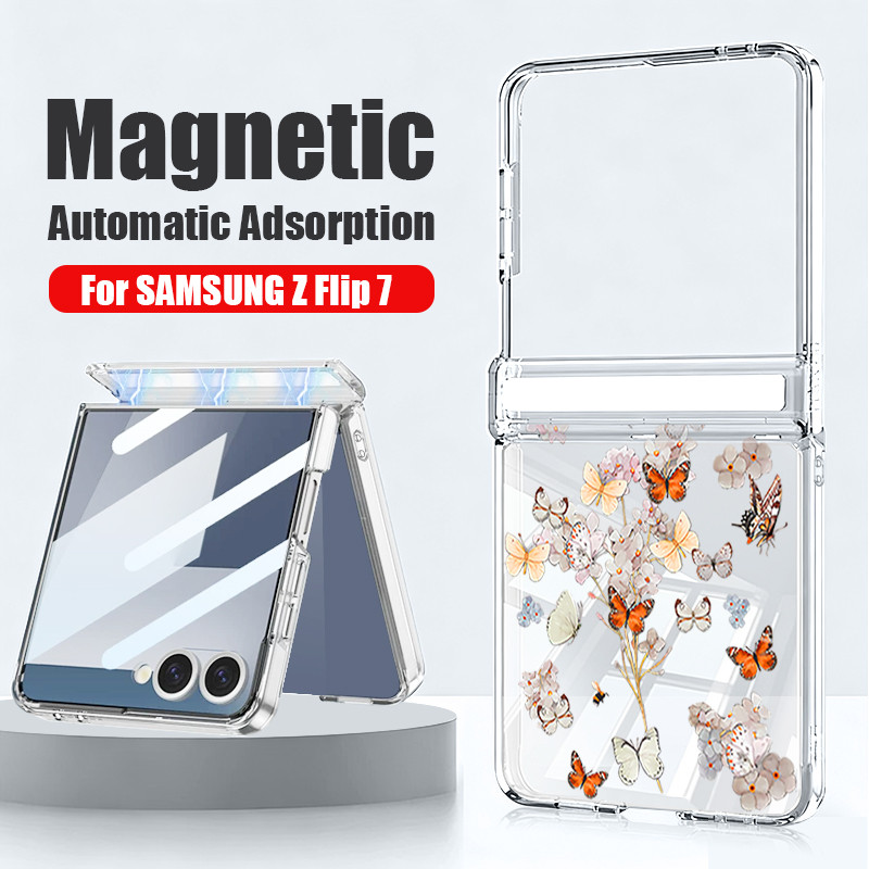 Ốp Điện Thoại Trong Suốt In Hình Bướm Cho Samsung Galaxy Z Flip 7 Flip 6 Flip 5 Flip 7 FE Từ Tính Hấp Phụ Cứng PC Gấp Bao