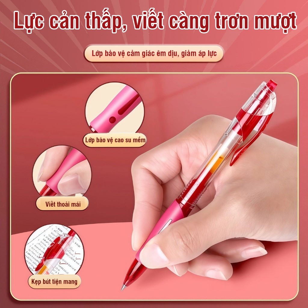 Bút bi mực đỏ cao cấp cho học sinh, ngòi 0.5mm viết êm tay, mực ra đều khô nhanh, đồ dùng học tập cần thiết