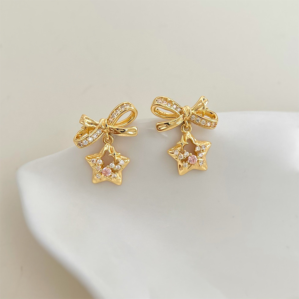 Bông tai kim bạc Meteor Bow Zircon 925 dành cho nữ Thiết kế Niche