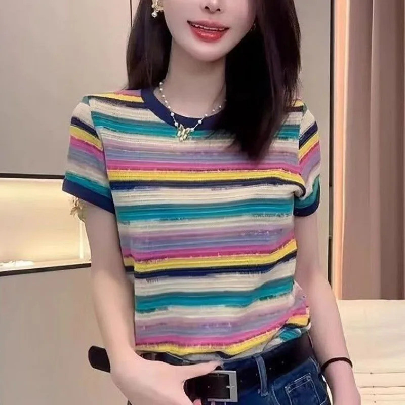 Áo thun sọc ngắn tay 3D mùa hè mới dành cho nữ