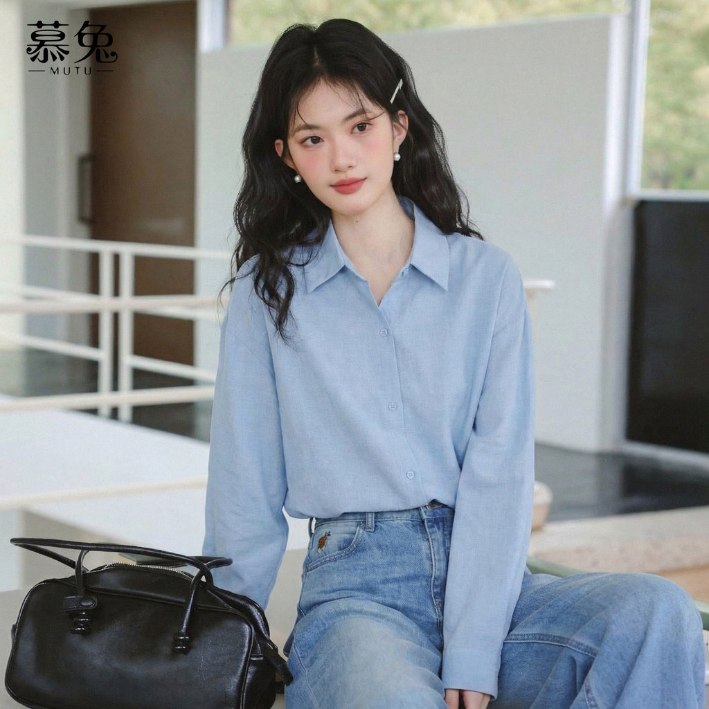 Mutu Áo Sơ Mi Lười Style Hàn Quốc, Màu Xanh, Tay Dài Thích Hợp Mùa Xuân