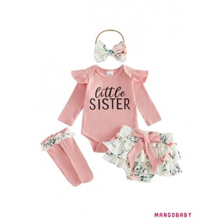 MG-Baby Girl Fall Trang Phục In Chữ Áo Liền Quần Dài Tay Nơ Lớp Váy Xù Nơ Băng Đô Và Vớ 4 Bộ