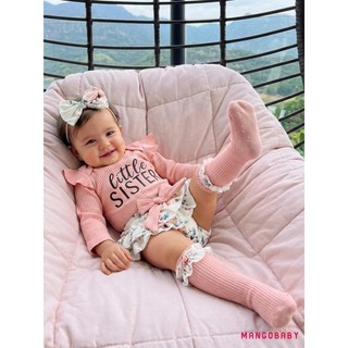 MG-Baby Girl Fall Trang Phục In Chữ Áo Liền Quần Dài Tay Nơ Lớp Váy Xù Nơ Băng Đô Và Vớ 4 Bộ