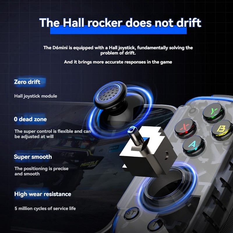 D6 Mini Tay Cầm Chơi Game Kéo Dài Điều Khiển Chơi Game Cho Android Điện Thoại Di Động PC Máy Tính Bảng Hiệu Ứng Hall Cần Điều Khiển Có Thể Gập Lại Cổng Type-C