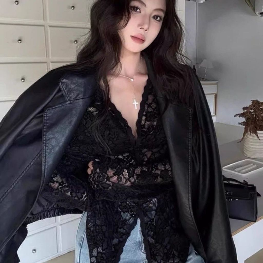 Milyfashion Loose Size Lớn Cổ Chữ V Ren Dài Tay Áo Sơ Mi Ngọt Cay Rỗng Top Gợi Cảm Nguyên Chất Desire Đen