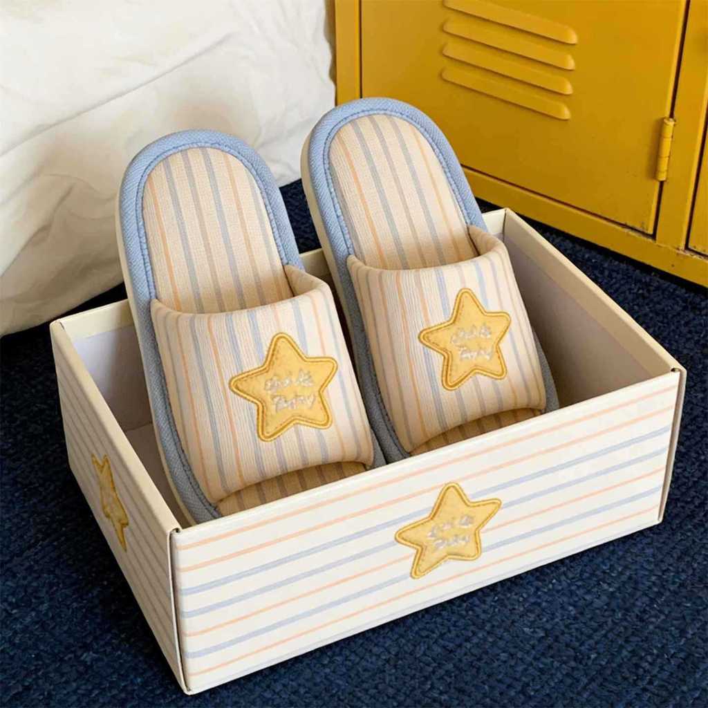XIXITIAO Dép Vải Lanh Cotton Nhà Phong Cách Mới Phòng Ngủ Họa Tiết Dọc Nữ Xuân Hè Thoải Mái