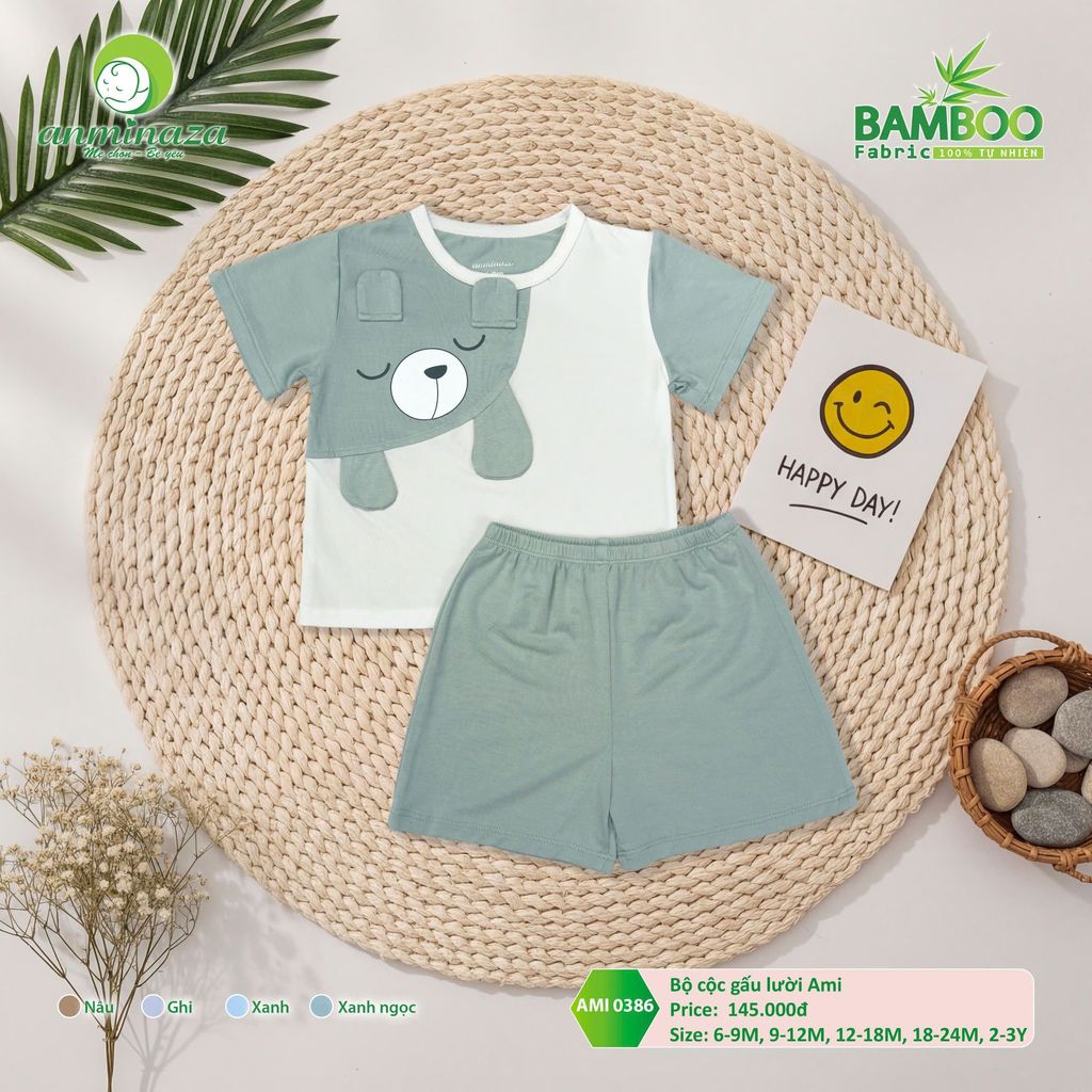Bộ cộc tay gấu lười Ami Anminaza Vải Sợi Tre Petit Thấm Hút Thoáng Mát - Hàng Chính Hãng  AMI0386