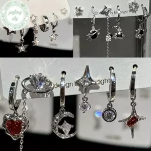PUSKY 6 Cái Bộ Mặt Dây Chuyền và Bông Tai Gothic Punk Vintage Với Pha Lê Hình Trái Tim, Mặt Trăng, Chữ Thập, Ngôi Sao - Phù Hợp Nam/Nữ