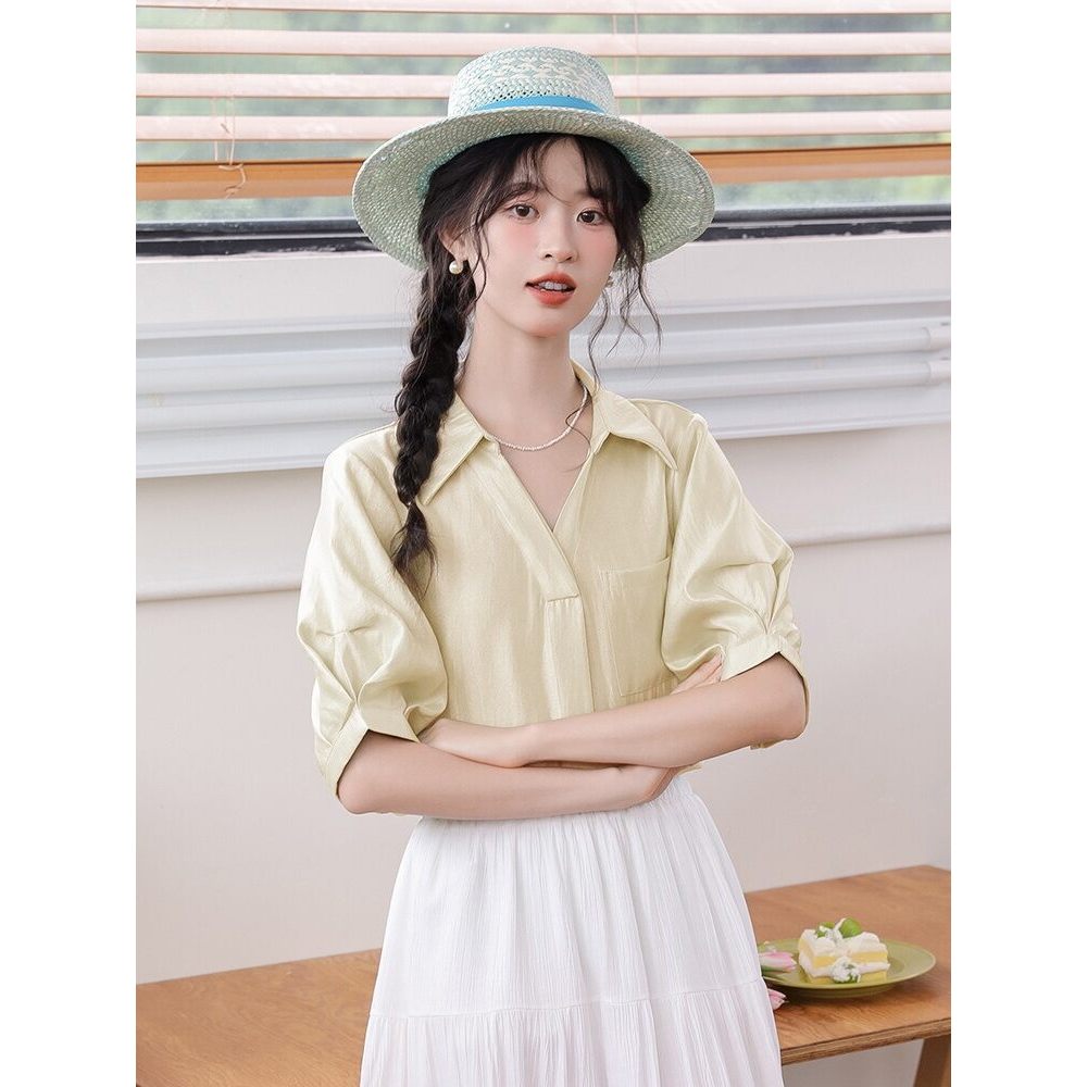 MUTU | Áo sơ mi ngắn tay nữ thiết kế hiện đại, phù hợp mùa hè với chi tiết nút độc đáo phiên bản Hàn Quốc