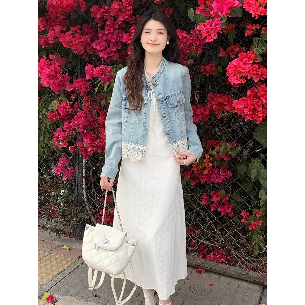 MUTU | Đầm chữ A bé gái mùa hè với ren trắng viền và eo cinched, style vintage cao cấp