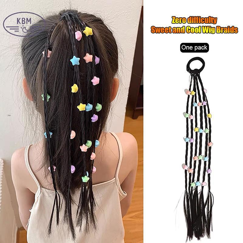 KBM 1 Bộ Bé Gái Ngôi Sao Năm Cánh Hoa Tóc Giả Đuôi Ngựa Dây Cao Su Phụ Kiện Tóc Trẻ Em Tóc Giả Bím FSSG