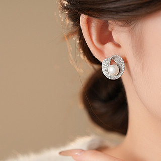 Bông tai ngọc trai tròn màu bạc với đá zircon, phong cách châu Âu và Hàn Quốc