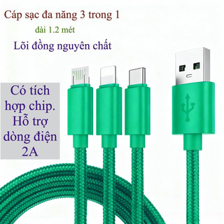 Dây cáp sạc 3 đầu bọc dù đa năng nhiều màu sắc - dài 1.2m . Dùng được cho nhiều dòng điện thoại và thiết bị điện khác