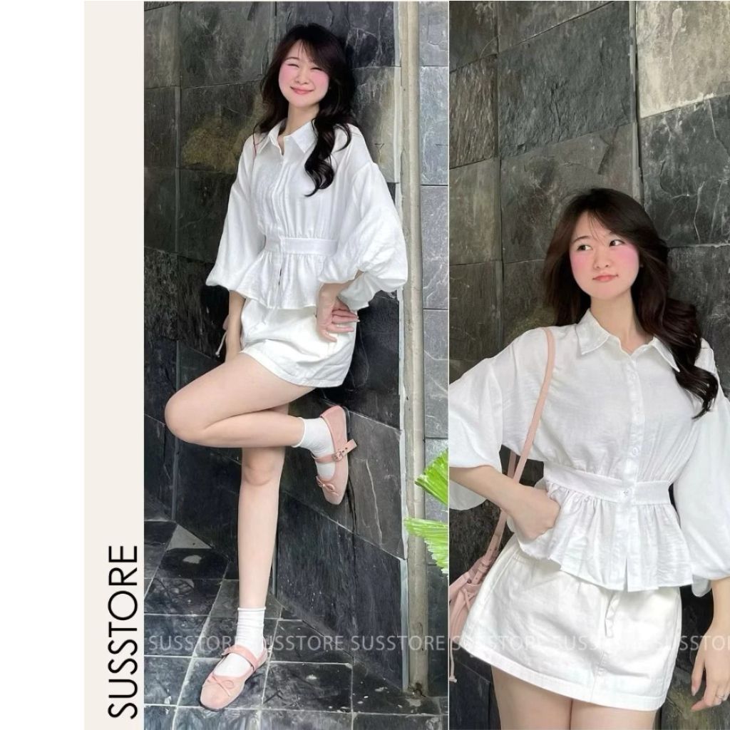 [Peinn] Áo Sơmi Bo Eo Lưng Chun Tay Bồng Cúc Dọc Đũi Hàn A377226 - Sam Botique