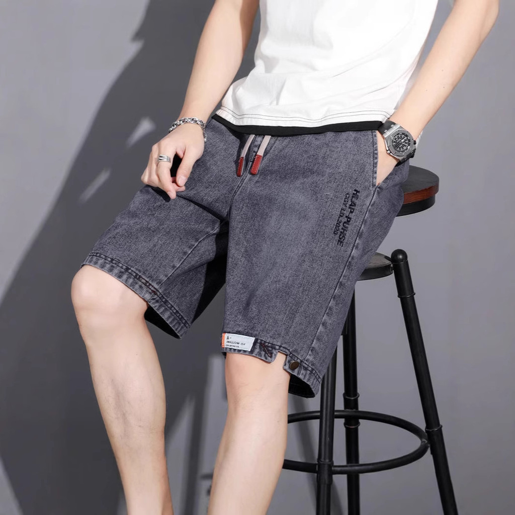 Quần short nam denim mỏng mùa hè, dáng rời retro, thêu nhãn, phong cách thời trang