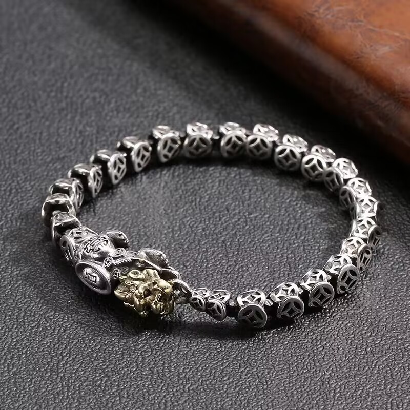 Vòng tay nam retro mạ bạc với thiết kế đồng xu Pixiu cá tính, kiểu dáng cổ điển của bạc Thái Lan