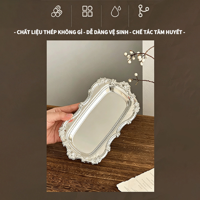 Khay Đĩa Inox Phong Cách Bắc Âu Ins Retro - Dùng Cho Bánh, Tráng Miệng, Bàn Lạnh, Kiểu Dáng Hàn Quốc