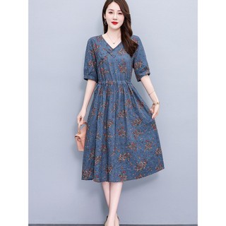 Váy cotton-linen cài nút phong cách retro dành cho nữ, kiểu dáng mùa hè mới, ôm eo, tôn dáng, váy chữ A in họa tiết