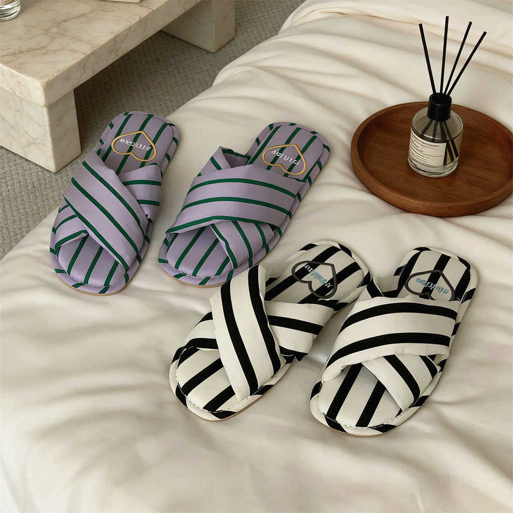 XIXITIAO Dép Cotton Cross Stripes Nữ Nhẹ Bốn Mùa Đa Năng Phòng Ngủ Gia Đình