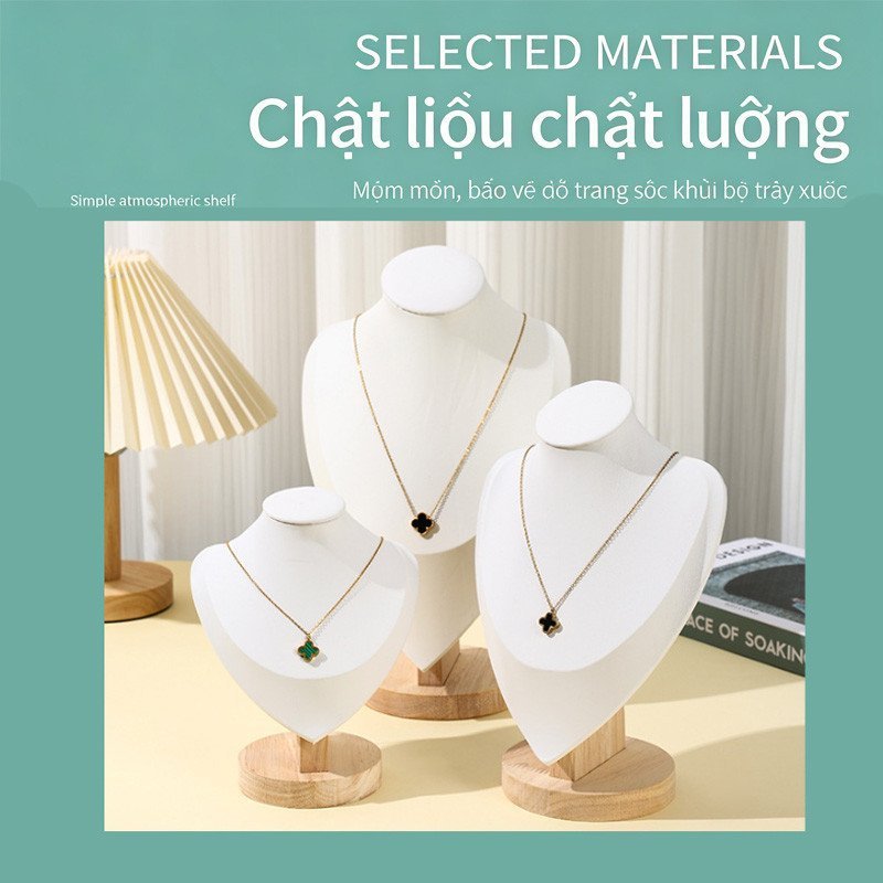 Giá trưng bày dây chuyền trên ma-nơ-canh, chất liệu nhung cao cấp, tượng bán thân, hộp trưng bày dây chuyền và bông tai.
