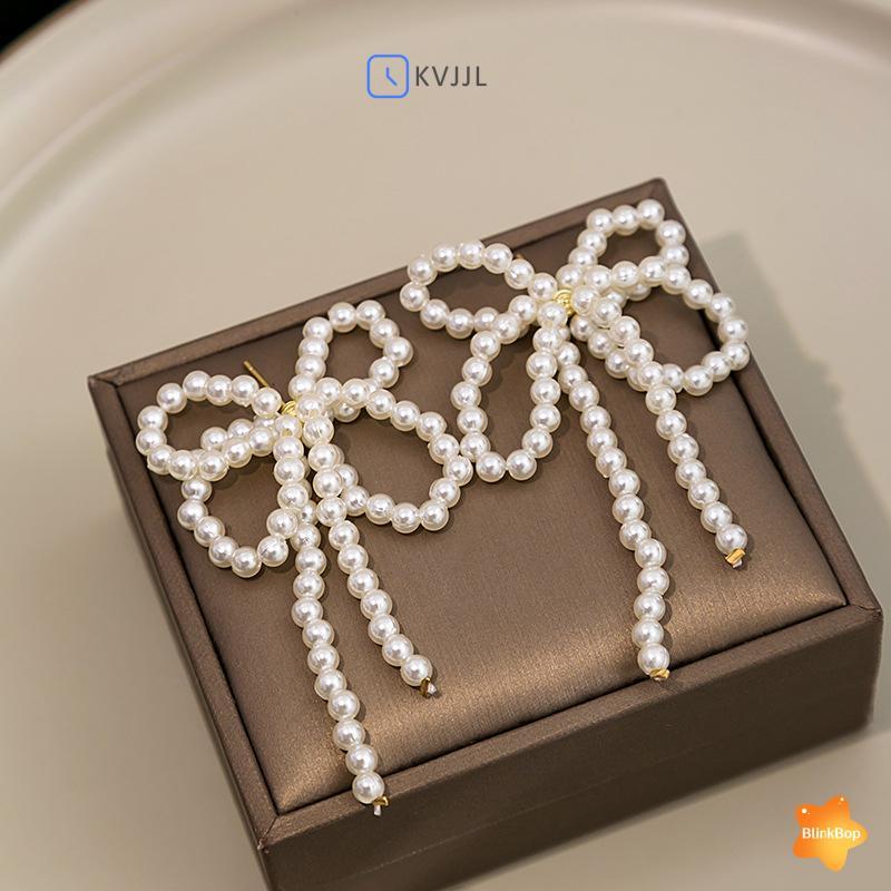 [KvJJL-t] Bông tai ngọc trai nơ sang trọng nhẹ mới Bông tai ngọc trai dài nơ thả lủng lẳng cho nữ Thời trang thanh lịch Quà tặng trang sức đám cưới mới