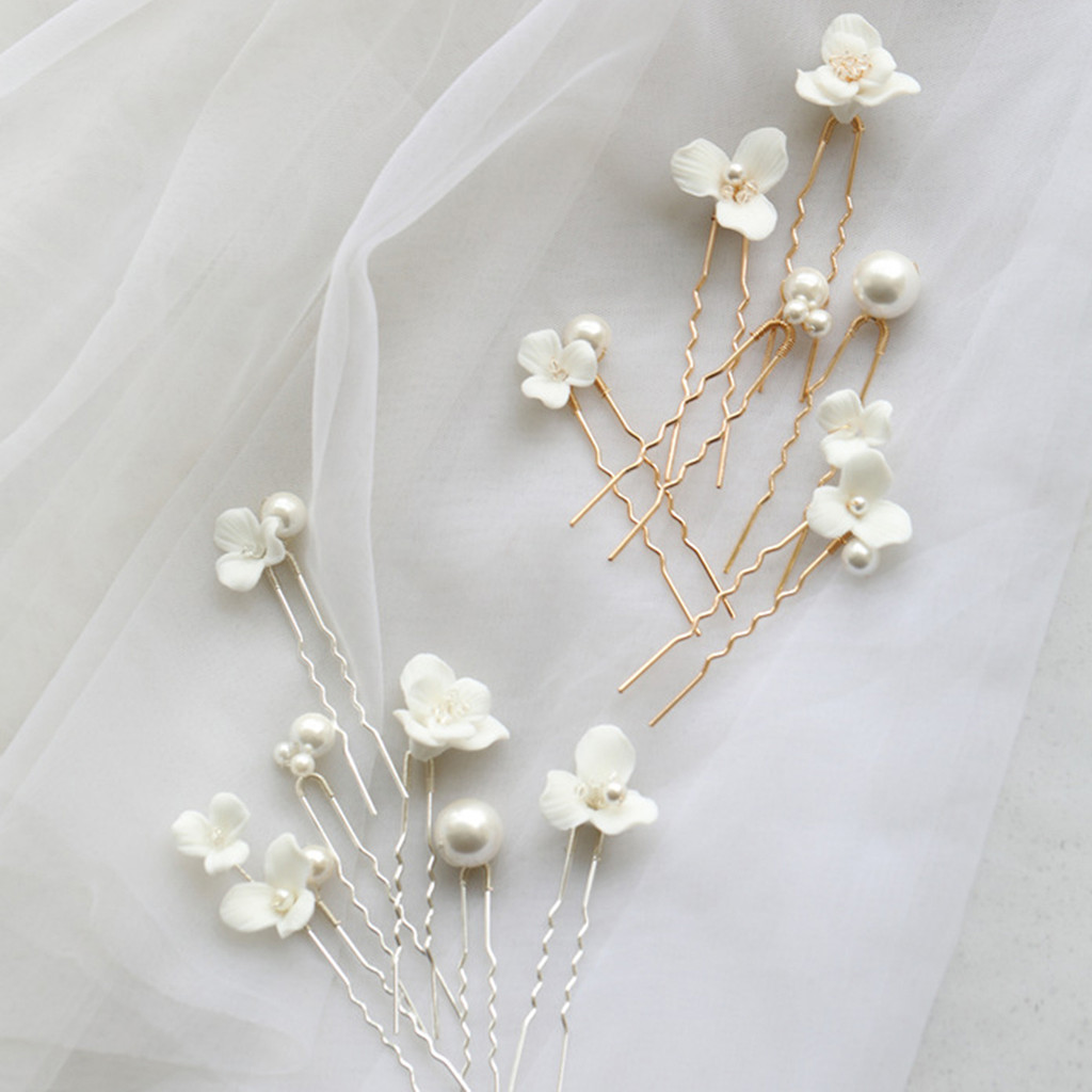 6 Chiếc Kẹp Tóc Handmade Hình Chữ U Ngọc Trai và Hoa Gốm - Phù Hợp Lễ Hội Tiệc Cưới