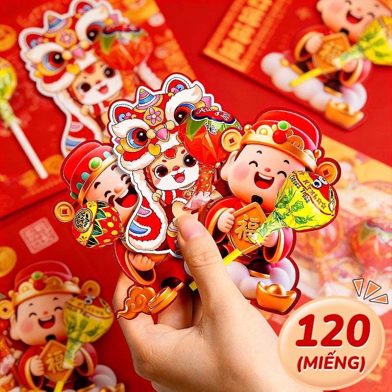 Thẻ gắn kẹo năm mới 2026 - Set 60 cái cắm kẹo mút hình Thần Tài vui nhộn, thiết kế xinh xắn, phụ kiện trang trí Tết