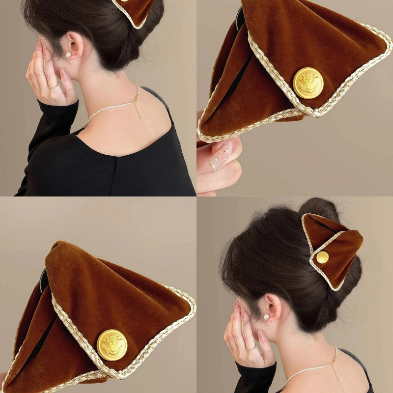 Màu nâu Retro Nhung Ngọc Trai Tam Giác Kẹp Lưng Đầu Cá Mập Kẹp Tóc Phụ Kiện Cho Nữ
