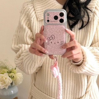Hoạt Hình Dễ Thương Báo Hồng Hellokitty Bảo Vệ Toàn Diện Ống Kính Da Dây Đeo Cổ Tay Ốp Điện Thoại Cho iPhone 17Promax 17Pro 14 15 16 Pro Max 13 Vỏ Điện Thoại Di Động Nữ Chống Sốc