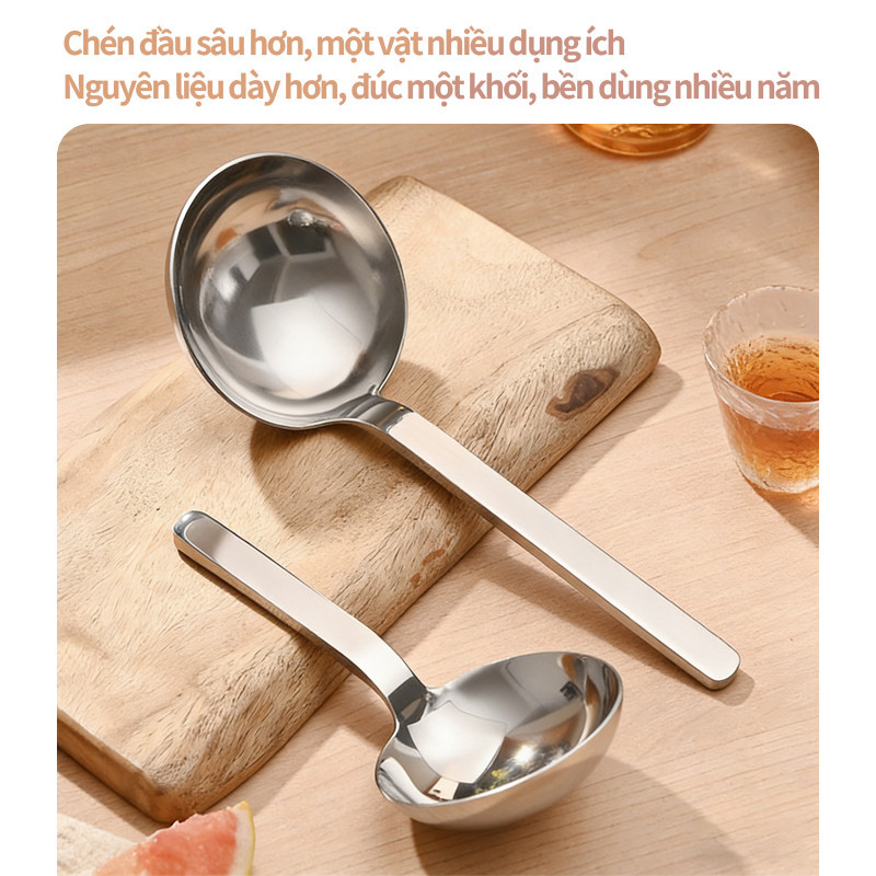 Vá Múc Canh & Súp Inox 304 Đa Năng - Vá Đầu Tròn Cán Ngắn, Phù Hợp Bàn Ăn & Ăn Lẩu Sang Trọng