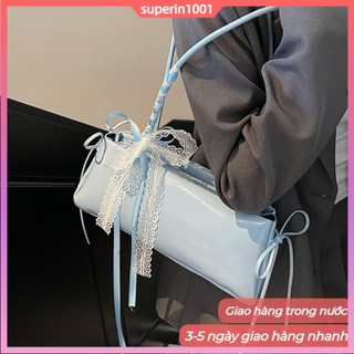(Vận chuyển địa phương) Túi đeo vai bằng da màu trơn Trang trí nơ ren Túi vuông nhỏ phong cách Hàn Quốc ngọt ngào