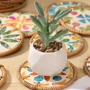 NS Nhiều Màu Sắc Vỏ Tròn Mây Coaster Bàn Ăn Tấm Bảo Vệ Chịu Nhiệt Cốc Thảm Cà Phê Uống Nóng Cốc Placemat Nhà Bếp NS