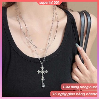 Dây Chuyền Punk Gothic Retro với Hạt Đá Chữ thập, Phong Cách Y2K Cá Tính