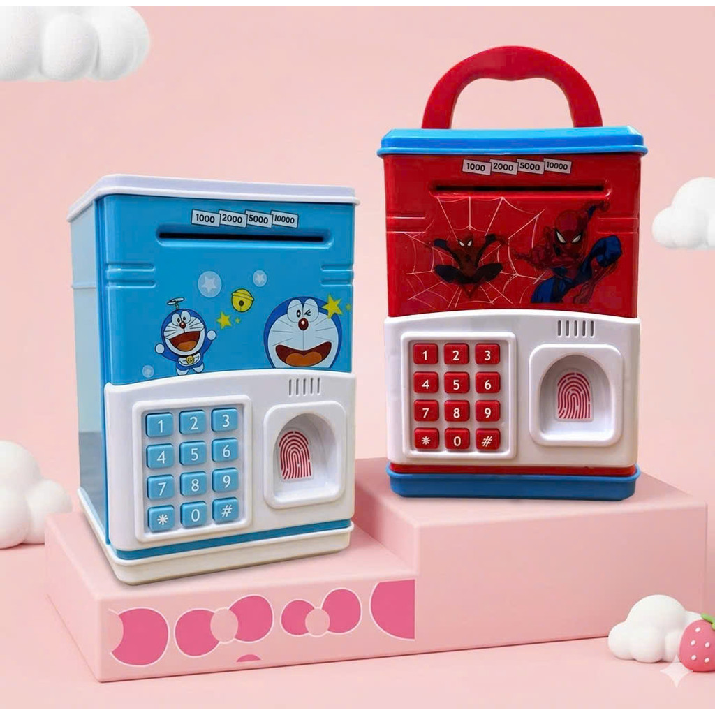 Đồ chơi két sắt mini mở cửa vân tay thẻ ATM hình DOREMON ,SN NHỆN ...