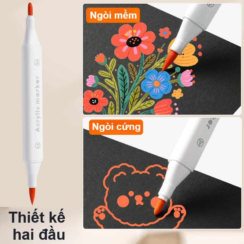 Bút Màu Acrylic Marker 2 Đầu, Bộ 36/48/60 Màu, Màu Không Lem Tươi Sáng Vẽ Trên Nhiều Chất Liệu