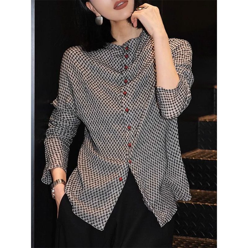[Giảm giá 50%] Áo sơ mi houndstooth cổ đứng dành cho nữ - Tay dài, dáng ôm, phù hợp thu đông