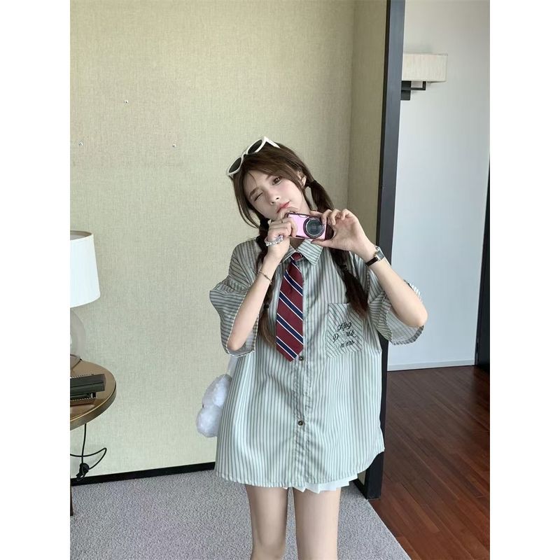 Mỹ Retro Preppy Áo Sơ Mi Nữ Màu Sọc Tương Phản, Mỏng Nhẹ, Phù Hợp Thời Trang Mùa Hè