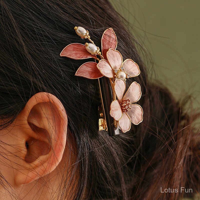 Phụ Kiện Hair Accessory Hanfu 2026 - Kẹp Tóc Nhung Hoa Lụa Retro Gỗ Đàn Hương