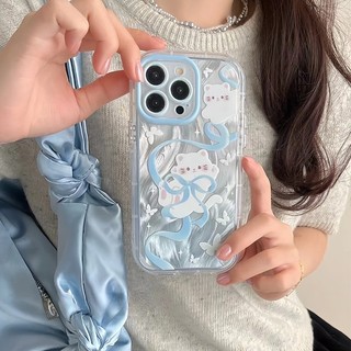 DànhCho IPhone 17 16 15 14 13 12 11 ProMax XR XS Max 7 8 Plus Dễ thương màu xanh Bowknot mèo Puff trường hợp điện thoại