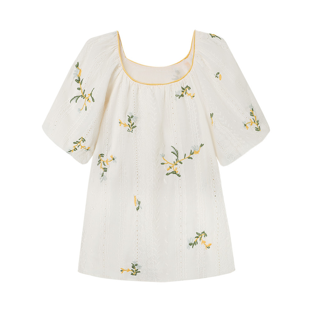 MUTU | Áo sơ mi nữ cổ vuông thêu họa tiết bong bóng vintage, thiết kế thanh lịch cho mùa hè