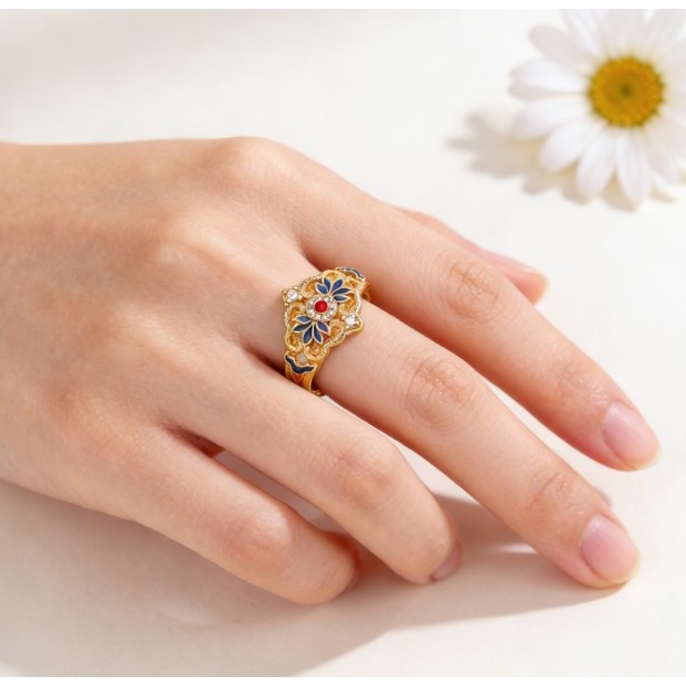 Thời trang mới cho nữ với nhẫn kiểu dáng Trung Quốc, họa tiết hoa và đá zircon sang trọng